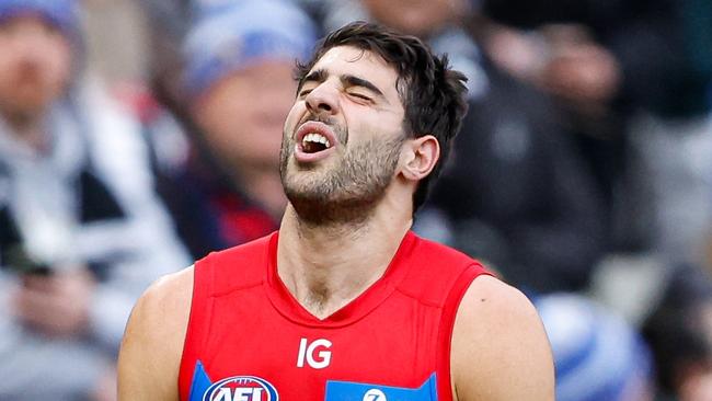 MELBOURNE, AUSTRALIA - JUNE 10: Christian Petracca of the Demons leaves the field injured during the 2024 AFL Round 13 match between the Collingwood Magpies and the Melbourne Demons at The Melbourne Cricket Ground on June 10, 2024 in Melbourne, Australia. (Photo by Dylan Burns/AFL Photos via Getty Images)