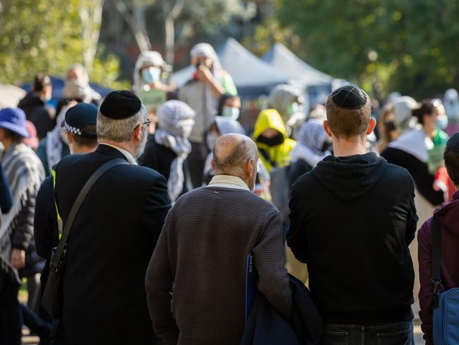 Jewish Israel supporters gather in a park near Melbourne University then walk into the university and face off with Pro Palestine protesters. Picture: Jason Edwards