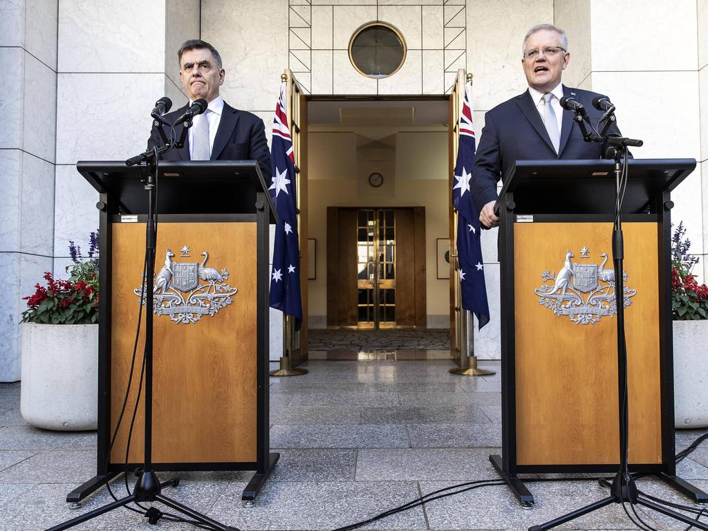 With a good distance between them Prime Minister Scott Morrison with the Chief Medical Officer Brendon Murphy at Parliament House in Canberra. Picture: Gary Ramage