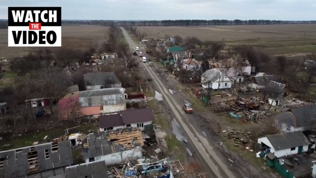 Drone footage shows complete destruction in Kyiv Oblast village