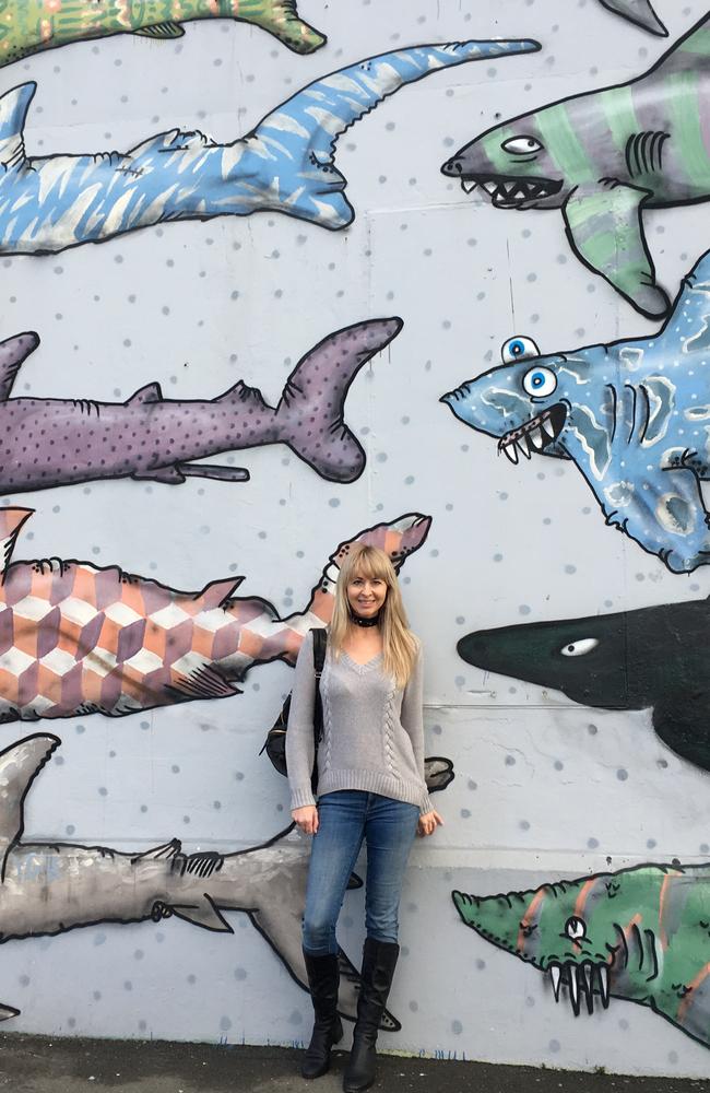 Chantay Logan stands in front of some of the street art in Wellington. This wall is a protest against shark finning.