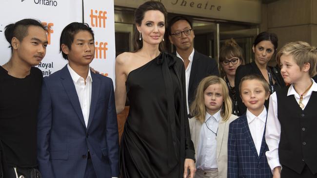 Jolie and her brood: Maddox, Pax, Vivienne, Knox and Shiloh. Picture: AFP.