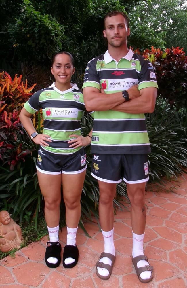 Todd McManus and Courtney Tamati model Darwin Dragons' Bowel Cancer Awareness jerseys.