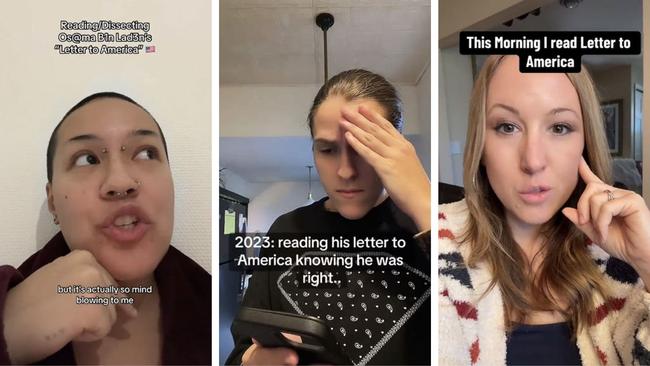 TikTokers reacting to Osama bin Laden’s 2002 ‘Letter to America’. Picture: TikTok