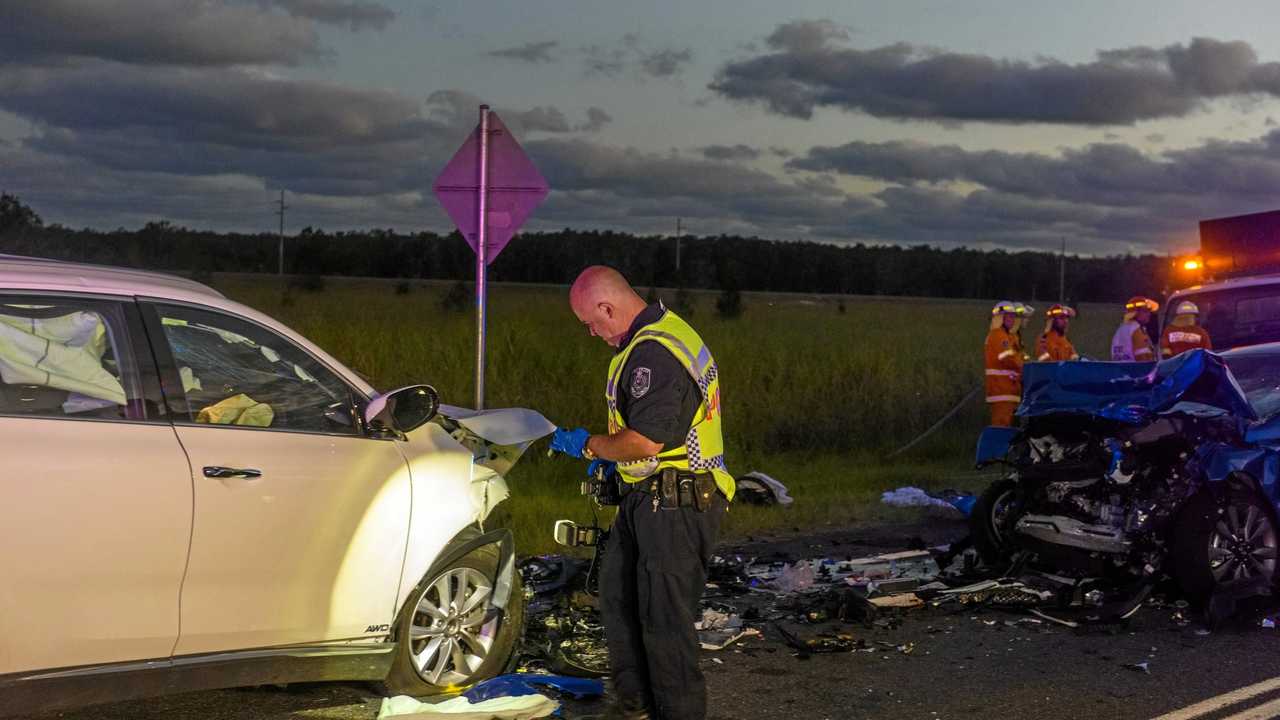 The scene of a head on collision south of the Ferry Park turnoff on the Pacific Highway where two people died. Picture: Adam Hourigan