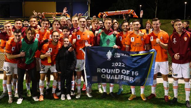 Brisbane Roar celebrates winning their Australia Cup Round of 32 match.