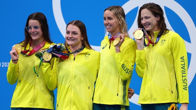 Kaylee McKeown, Chelsea Hodges, Emma McKeon and Cate Campbell won gold in the 4x100m medley relay in Tokyo. (Photo by Maddie Meyer/Getty Images)