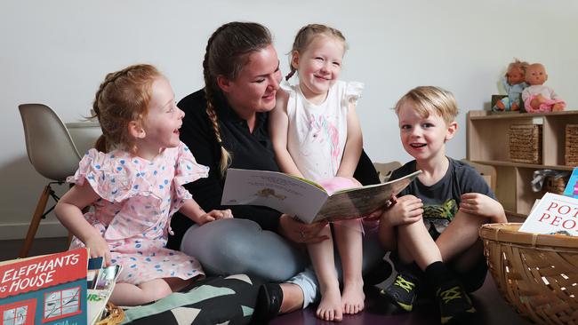 Estelle Parkinson, 5, Meg Free, educator, Millicent Wedd, 5, and Tom Ribbon, 4, at Lady Gowrie Tasmania Integrated Centre for Children and Families at South Hobart. Picture: NIKKI DAVIS-JONES