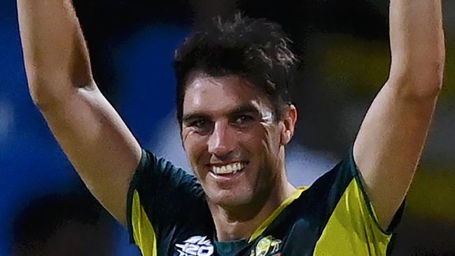 ANTIGUA, ANTIGUA AND BARBUDA - JUNE 20: Pat Cummins of Australia celebrates after dismissing Taskin Ahmed of Bangladesh (not pictured) for his hat trick during the ICC Men's T20 Cricket World Cup West Indies & USA 2024 Super Eight match between Australia and Bangladesh at Sir Vivian Richards Stadium on June 20, 2024 in Antigua, Antigua and Barbuda. (Photo by Gareth Copley/Getty Images)