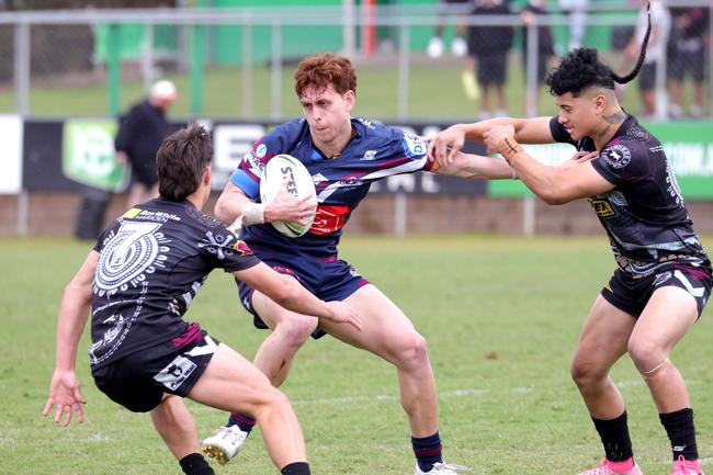 Tayshon FOLEY with the from Ipswich SHS (blue), Ipswich SHS (blue) VÃ&#149;s Marsden SHS (black), Semi Final off the Langer Trophy rugby league schoolboys, Manly West, Tuesday 13th August - Photo Steve Pohlner