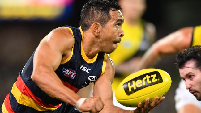 Eddie Betts during the Round 2 AFL match against Richmond on Thursday. He has vowed to play on Saturday, regardless of whether his wife is about to give birth. Picture: AAP Image/David Mariuz