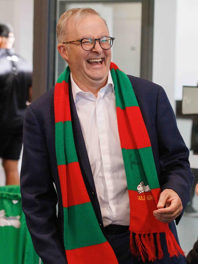 Prime Minister Anthony Albanese sporting a Souths scarf. Picture: David Swift