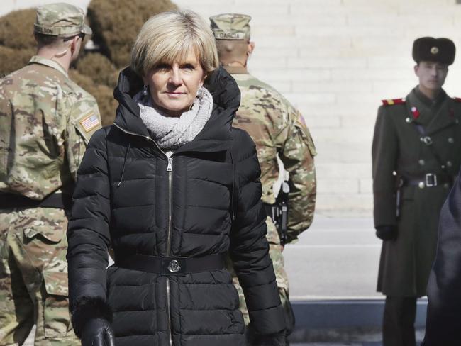 Australian Foreign Minister Julie Bishop visits as US soldiers and a North Korean soldier, right, stand guard at the border village of Panmunjom in Paju, South Korea. Picture: Lim Byung-shick Yonhap via AP