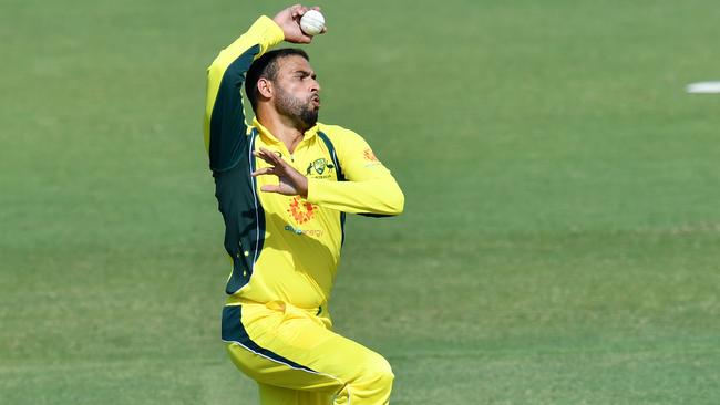 Fawad Ahmed in action for the Cricket Australia XI against South Africa.