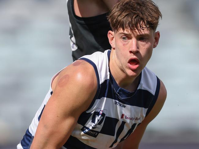 GEELONG, AUSTRALIA - SEPTEMBER 07: Connor O'Sullivan of the Cats in action during the 2024 VFL First Semi Final match between the Geelong Cats and Southport Sharks at GMHBA Stadium on September 07, 2024 in Geelong, Australia. (Photo by Rob Lawson/AFL Photos)