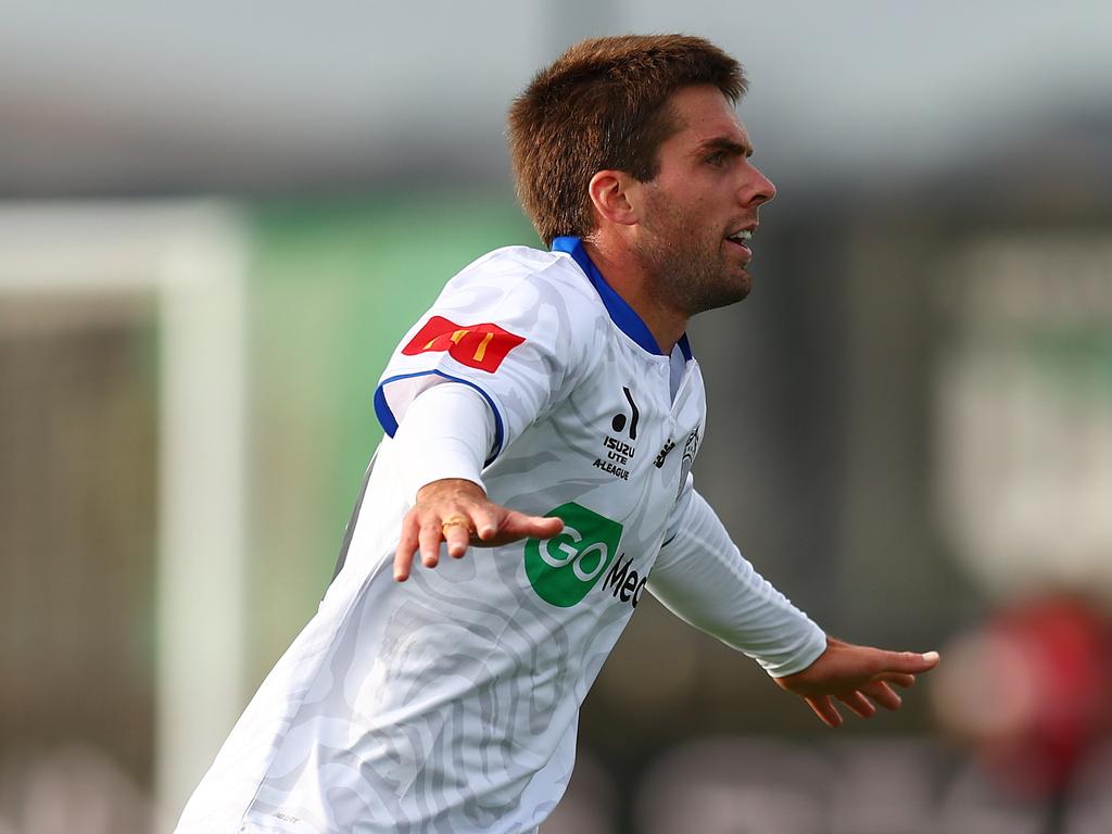 Guillermo May of Auckland FC celebrates a goal during the round 19 A-League Men match between Western United and Auckland FC at Ironbark Fields on February 15, 2025 in Melbourne, Australia. (Photo by Graham Denholm/Getty Images)