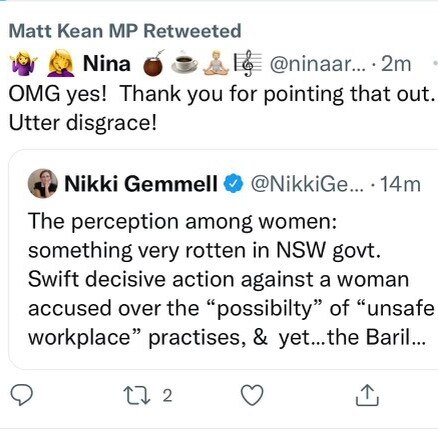 The tweet slamming the NSW Government for “double standards” which was shared by Treasurer Matt Kean, who later deleted it and blamed “fat thumbs in my office” for the message.