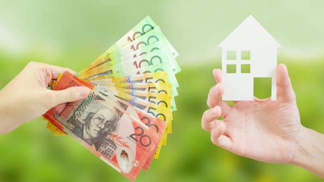 Client giving Australian money to property agent for buying house. Property and real estate concept. Housing invest generic.