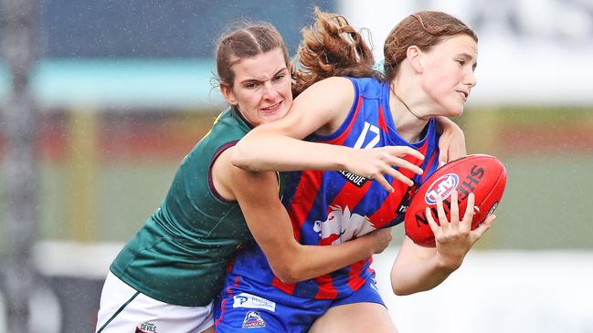 Charlie Lovell tackles Oakleigh’s Alice Mayne last week. Lovell had a team-high eight tackles against Eastern Ranges Picture: ZAK SIMMONDS