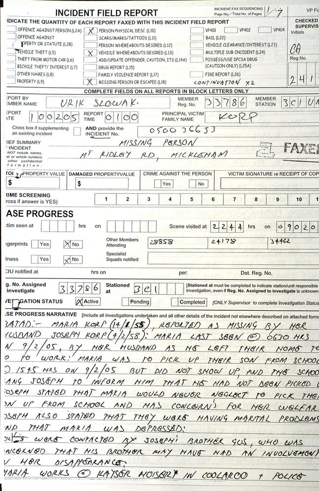 A copy of the missing persons report filed by Maria Korp’s brother-in-law.