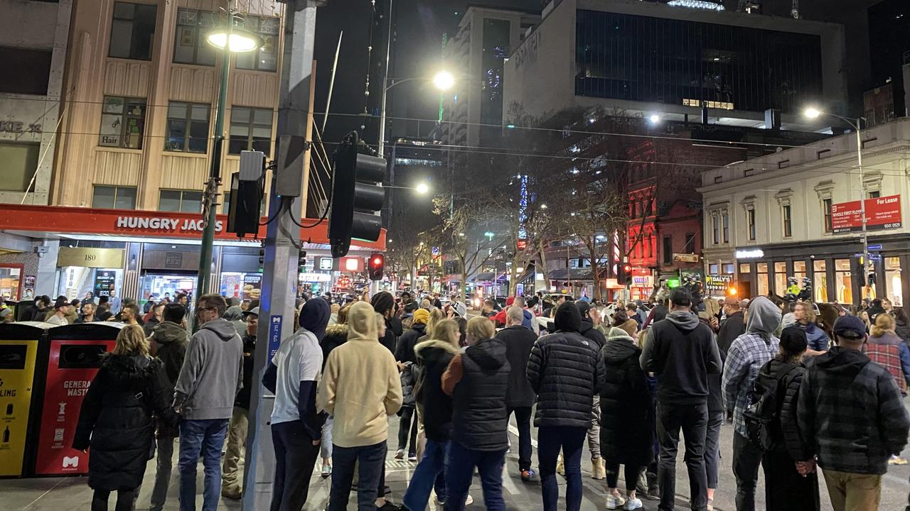 Anti-lockdown protest in Melbourne on Thursday night. Picture: Sarah Perillo