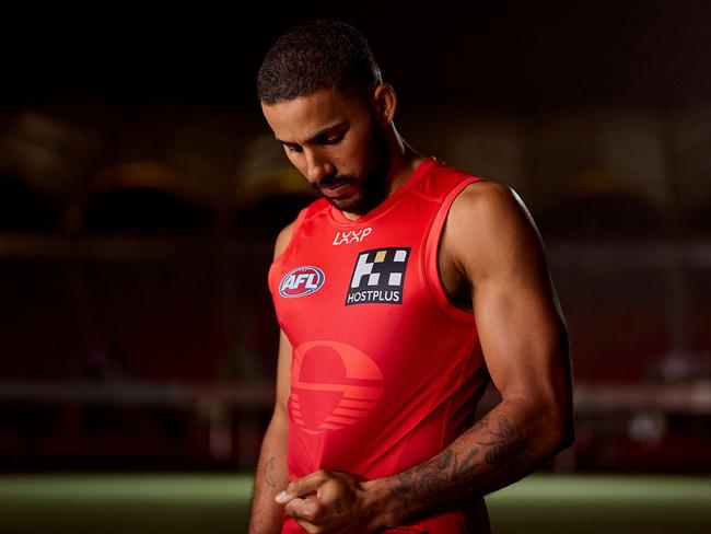 Gold Coast Suns player Touk Miller in the club's new guernsey for 2025. Picture: Gold Coast Suns.