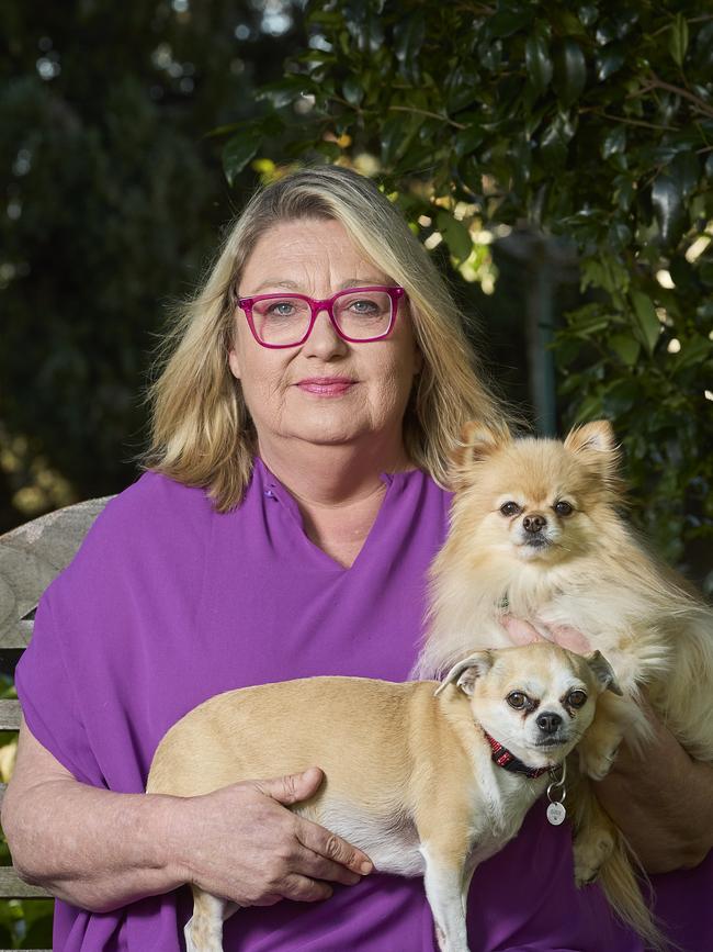 Jane Price with her dogs, Baby, 7, and Teddy, 7, at home in Toorak Gardens home. Picture: Matt Loxton