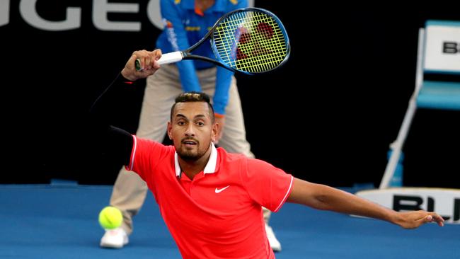 Nick Kyrgios playing on centre court at the Brisbane International tennis comp, versing Jeremy Chardy (France), Tennyson, Brisbane, on Wednesday January 2, 2019 - Photo (AAP Image/Steve Pohlner)