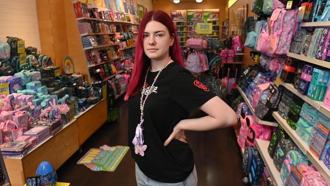 Poppi Regos, working at Smiggle in the Mall, says she’s scared about coming into work. Picture: Keryn Stevens