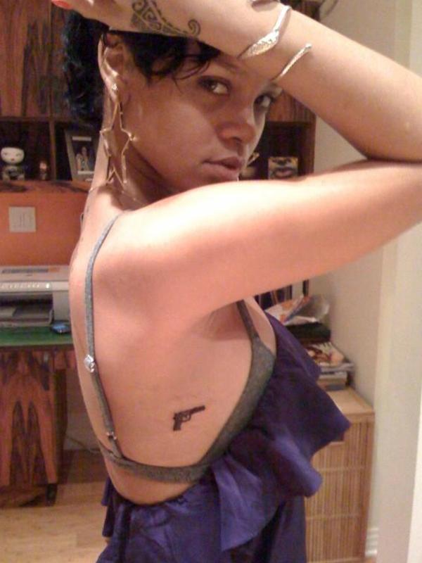 Singer Rihanna's gun tattoo, by LA tattoo artist BangBang.