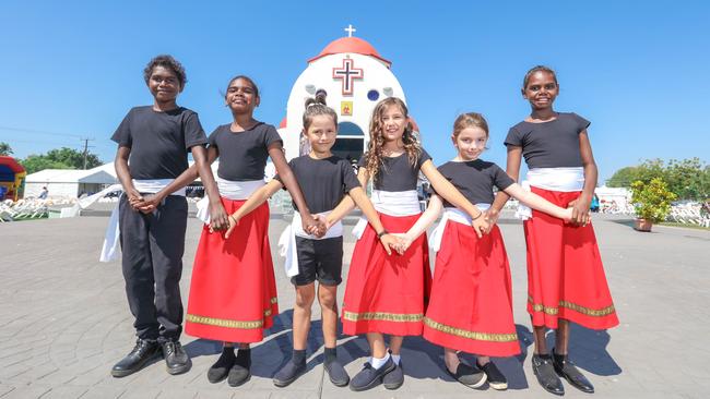 Israel Gurruwiwi, Karlisha Walker, Geroge Cotis, Tiarna Cotis, Kayla Cotis and Tonisha Walker prepare to dance at the Festival of Agios Panteleimon. Picture: Glenn Campbell