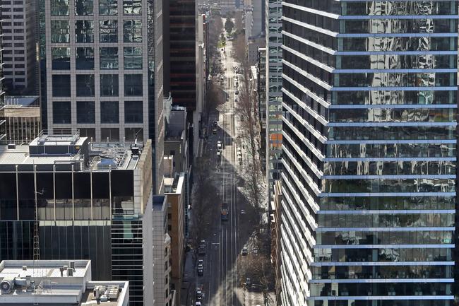 Aerial pictures of empty roads in Melbourne as strict stage 4 lockdowns are enforced. William Street facing north. Aaron Francis/The Australian