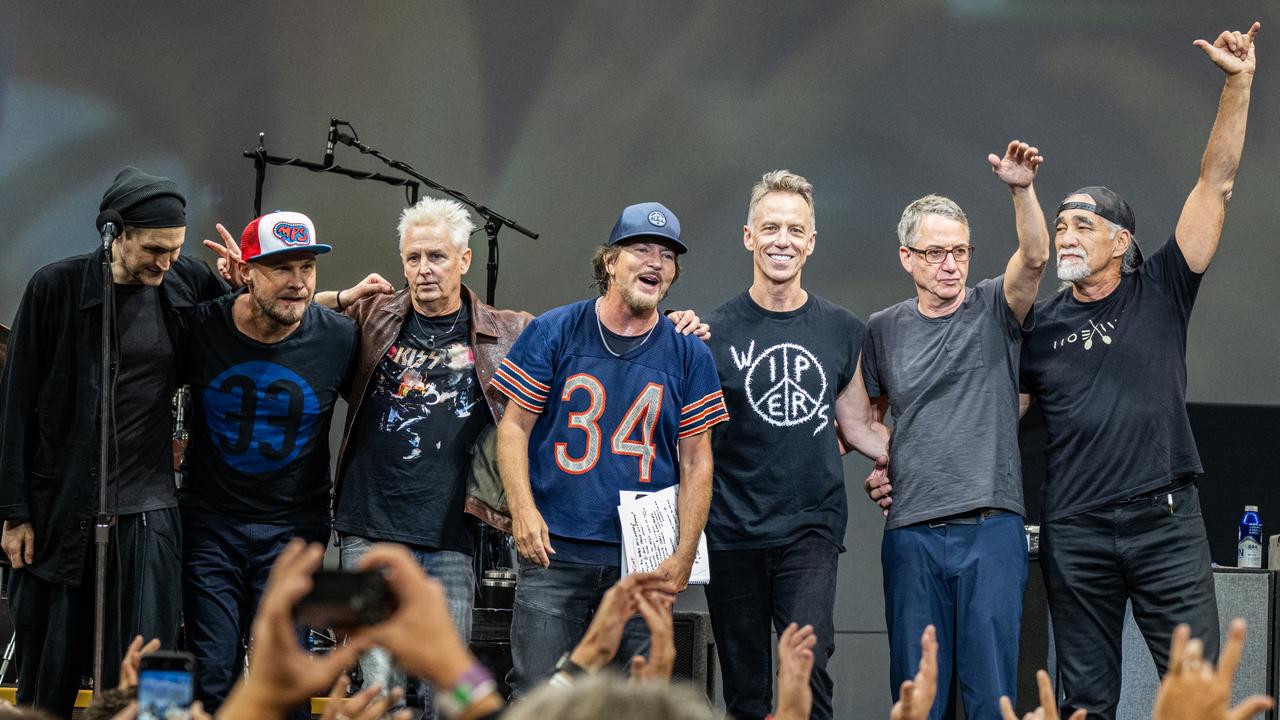 The band bond stays strong by not spending 300 days a year on the road as they did in their youth. L-R Multi-instrumentalist Josh Klinghoffer, bassist Jeff Ament, lead guitarist Mike McCready, singer, songwriter and guitarist Eddie Vedder, drummer Matt Cameron, guitarist Stone Gossard and keyboardist Boom Gaspar. Picture: Jim Bennett/Getty Images.