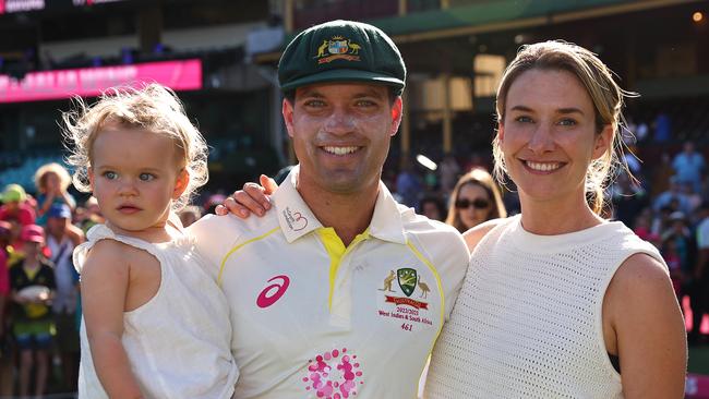 Alex Carey wife Eloise and daughter Rose at the SCG earlier this year. Picture: Getty