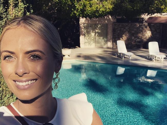 Instagram images of Peter Stefanovic and Sylvia Jeffreys’ holiday adventures in California after Jasmine Yarbrough and Karl Stefanovic's wedding. Sylvia is pictured at Elvis and Priscilla Presley’s home. Picture: Instagram 