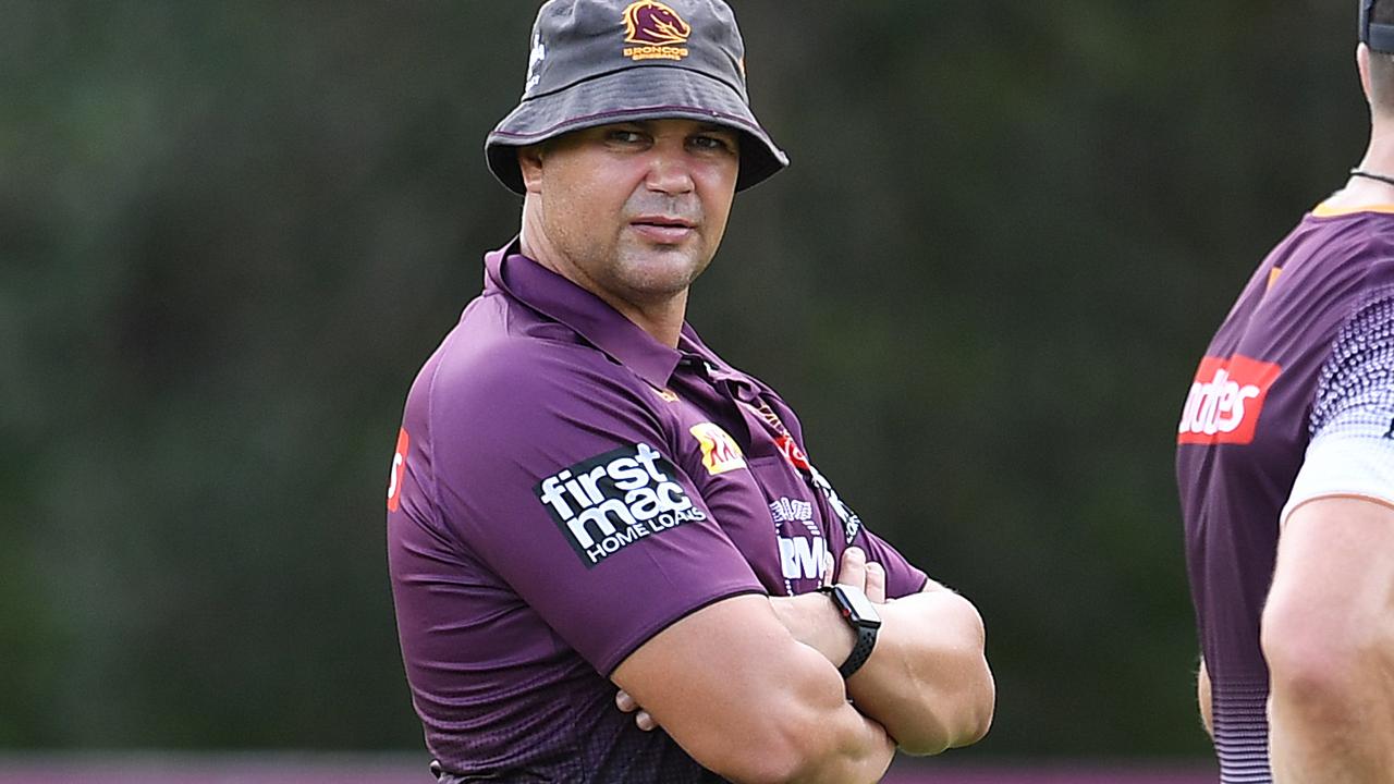 Coach Anthony Seibold watches over a Broncos pre-season training session. Picture: AAP