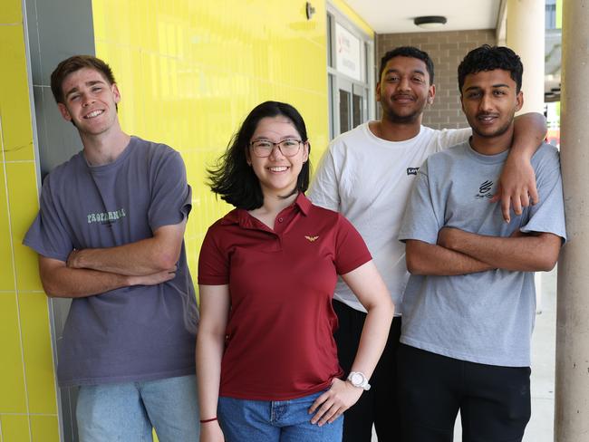 Year 12 students at The Ponds High School - Gurjor Gill, (white shirt), Harjot Gill, (grey shirt), Kathleen Dela Cruz, (red shirt) and Lachlan Boyd (blue shorts). Picture: Rohan Kelly