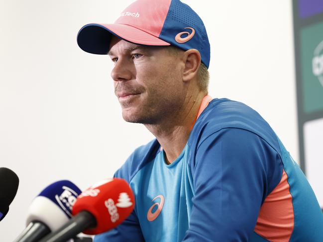 David Warner cut an emotional figure at his retirement press conference. Picture: Richard Dobson