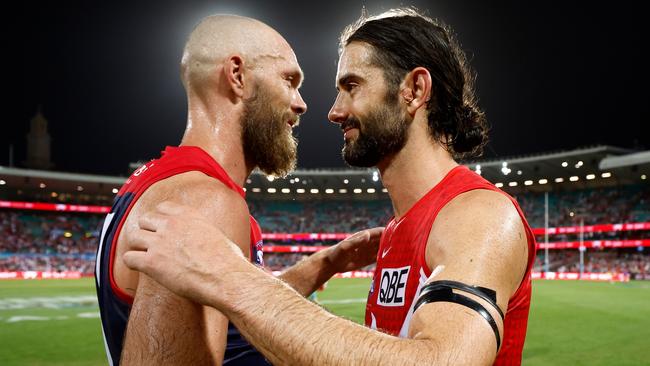 Gawn and Grundy embrace after the game. Picture: Michael Willson/AFL Photos via Getty Images