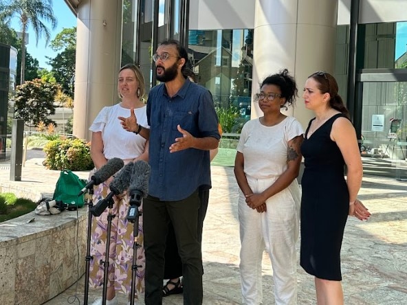 Brisbane lord mayoral candidate Jonathan Sriranganathan speaks during a protest outside the Premier's office at 1 William St in the city this morning. Picture: Mikaela Mulveney