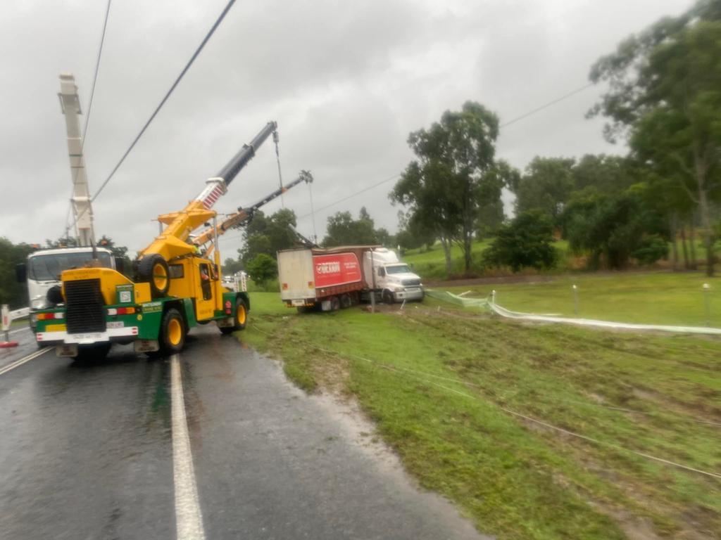 A truck driver call triple-0 about 11.30am after crashing and did not leave the cab until Ergon Energy workers secured the scene at Cannon Valley on April 21, 2022. Picture: Ergon Energy Facebook