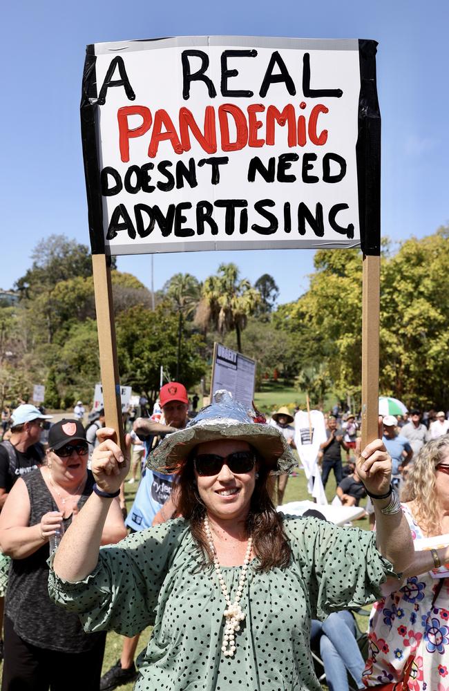 Protesters against vaccinations, masks and lockdowns in Brisbane CBD. Picture: Liam Kidston