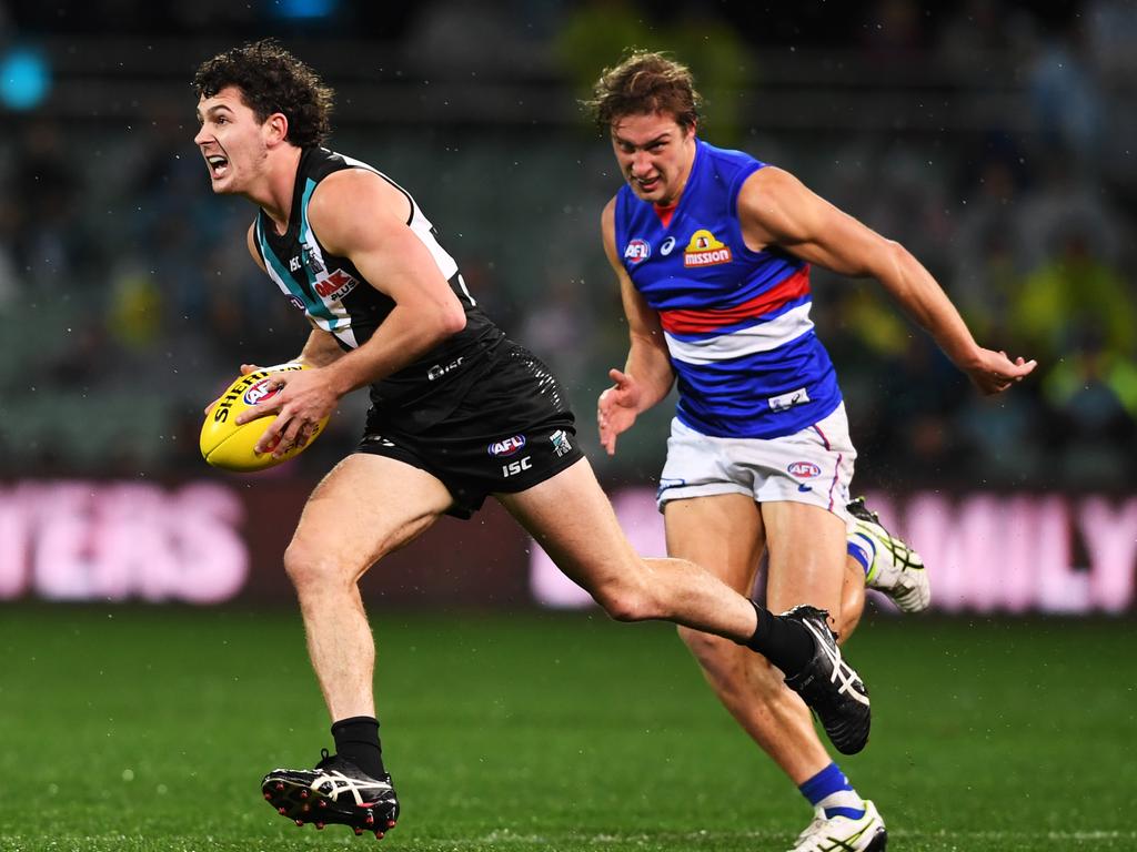 ADELAIDE, AUSTRALIA - JUNE 29: Darcy Byrne-Jones of Port Adelaide during the round 15 AFL match between the Port Adelaide Power and the Western Bulldogs at Adelaide Oval on June 29, 2019 in Adelaide, Australia. (Photo by Mark Brake/Getty Images)