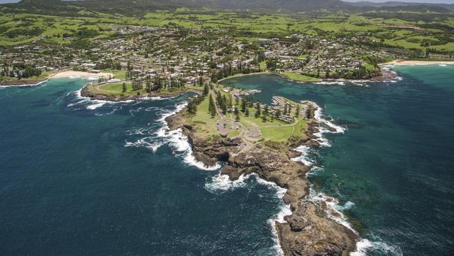 An aerial view of Blowhole Point headland at Kiama.