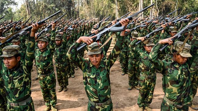 Members of ethnic rebel group the Ta’ang National Liberation Army during a training exercise last year in Myanmar’s northern Shan State. Picture: AFP