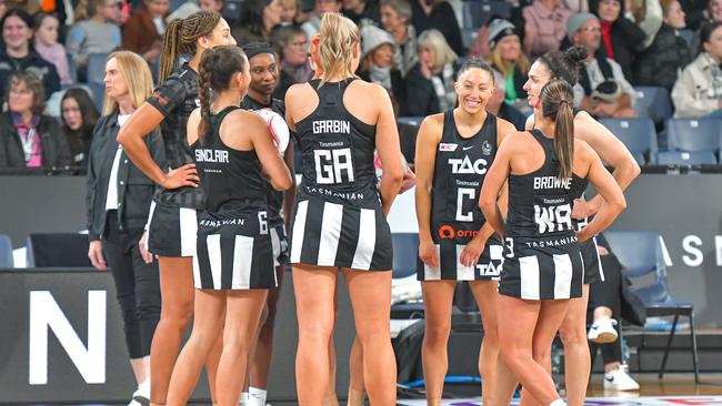 Collingwood Magpies players get ready to take the court in the round 10 Super Netball match between Collingwood Magpies and GWS Giants at Launceston’s Silverdome in 2022 (Photo by Simon Sturzaker/Getty Images)