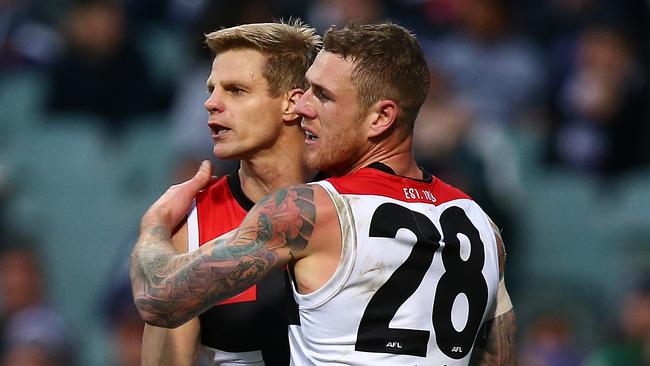 Nick Riewoldt and Tim Membrey celebrate a goal against the Dockers. Picture: Getty Images