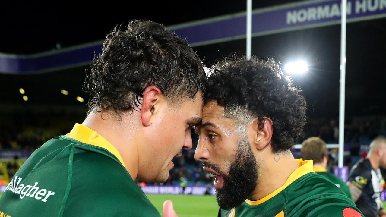 LEEDS, ENGLAND - NOVEMBER 11: Latrell Mitchell and Josh Addo-Carr of Australia interact following the Rugby League World Cup Semi-Final match between Australia and New Zealand at Elland Road on November 11, 2022 in Leeds, England. (Photo by Alex Livesey/Getty Images for RLWC)