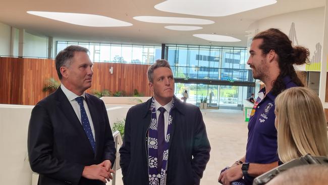 Mr Marles (left) was visiting with Fremantle MP Josh Wilson (centre) to discuss the AFL club's commitment to yes vote in the Voice to Parliament referendum. Picture: NCA NewsWire / Anthony Anderson