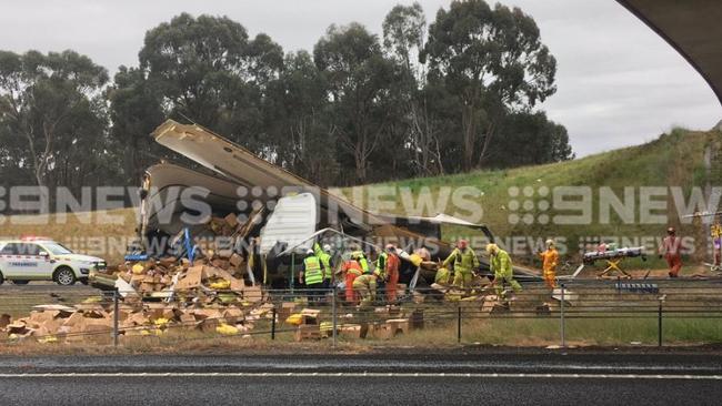 A truck carrying frozen chickens crashed on the Hume Highway near Seymour.  Picture: @9NewsMelb